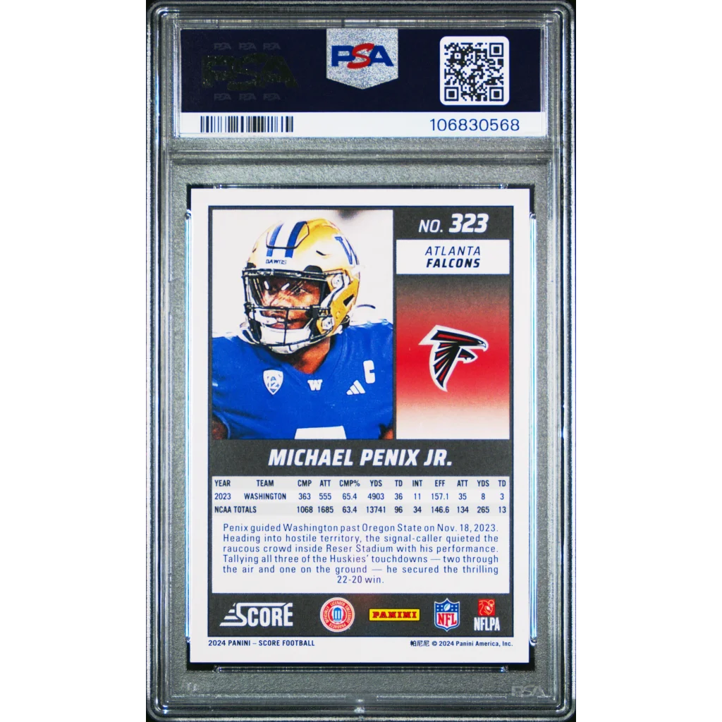 Graded 2024 Panini Score Michael Penix Jr #323 Rookie RC Football Card PSA 10 Gem Mint | PSA 10 Gem Mint Graded Rookie Card | vintageantiquesgifts.com