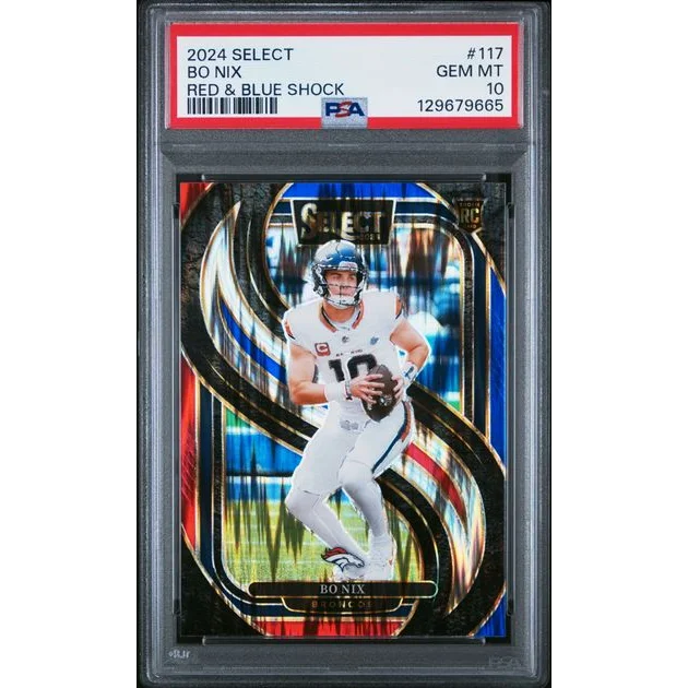Graded 2024 Panini Select Bo Nix #117 Red & Blue Shock Rookie RC Football Card PSA 10 Gem Mint | Hall of Fame Sports Memorabilia | vintageantiquesgifts.com
