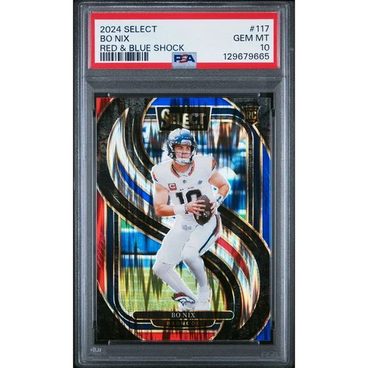 Graded 2024 Panini Select Bo Nix #117 Red & Blue Shock Rookie RC Football Card PSA 10 Gem Mint | Hall of Fame Sports Memorabilia | vintageantiquesgifts.com