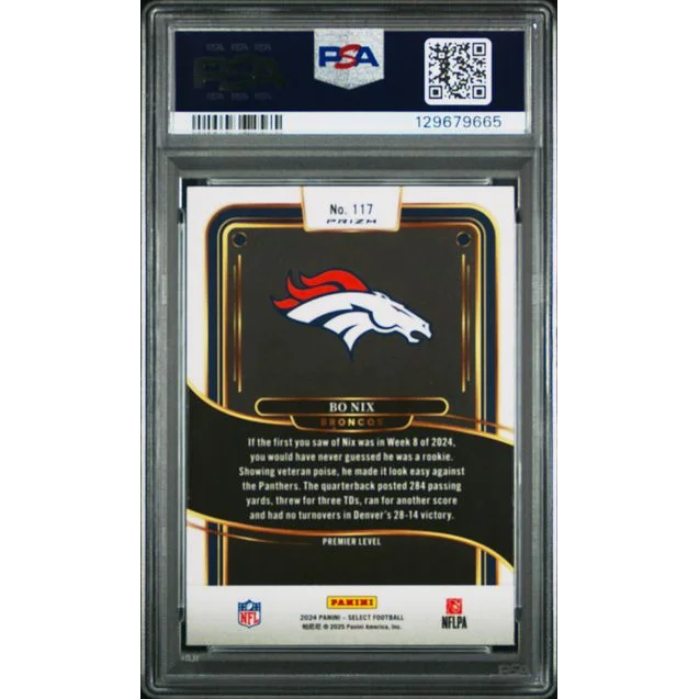 Graded 2024 Panini Select Bo Nix #117 Red & Blue Shock Rookie RC Football Card PSA 10 Gem Mint | PSA 10 Gem Mint Graded Rookie Card | vintageantiquesgifts.com
