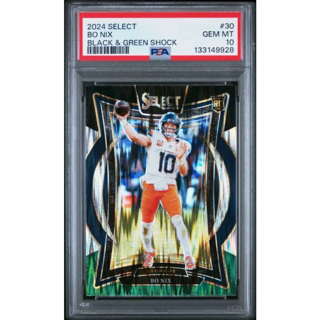 Graded 2024 Panini Select Bo Nix #30 Black Green Shock Rookie RC Football Card PSA 10 Gem Mint | Hall of Fame Sports Memorabilia | vintageantiquesgifts.com