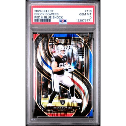 Graded 2024 Panini Select Brock Bowers #118 Red & Blue Shock Rookie RC Football Card PSA 10 Gem Mint | Hall of Fame Sports Memorabilia | vintageantiquesgifts.com