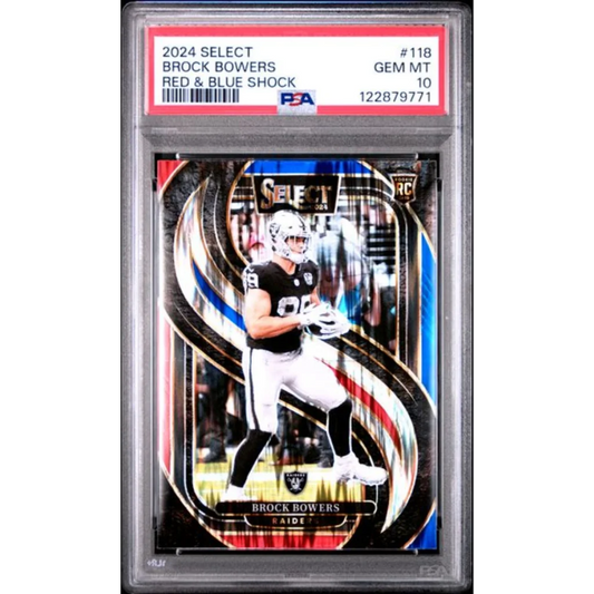 Graded 2024 Panini Select Brock Bowers #118 Red & Blue Shock Rookie RC Football Card PSA 10 Gem Mint | Hall of Fame Sports Memorabilia | vintageantiquesgifts.com