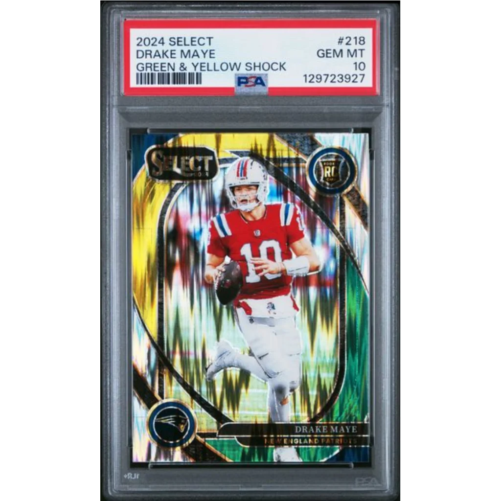Graded 2024 Panini Select Drake Maye #218 Green & Yellow Shock Rookie RC Football Card PSA 10 Gem Mint | Hall of Fame Sports Memorabilia | vintageantiquesgifts.com