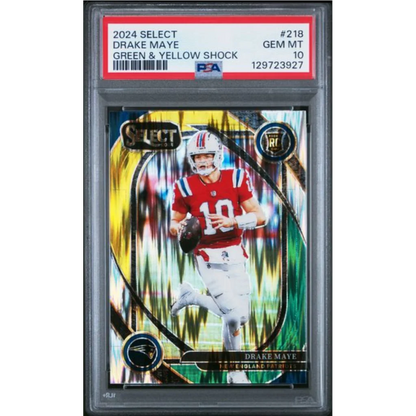Graded 2024 Panini Select Drake Maye #218 Green & Yellow Shock Rookie RC Football Card PSA 10 Gem Mint | Hall of Fame Sports Memorabilia | vintageantiquesgifts.com