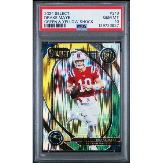 Graded 2024 Panini Select Drake Maye #218 Green & Yellow Shock Rookie RC Football Card PSA 10 Gem Mint | Hall of Fame Sports Memorabilia | vintageantiquesgifts.com