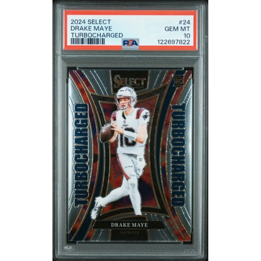 Graded 2024 Panini Select Drake Maye #24 Turbocharged Rookie RC Football Card PSA 10 Gem Mint | Hall of Fame Sports Memorabilia | vintageantiquesgifts.com