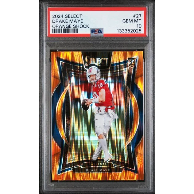 Graded 2024 Panini Select Drake Maye #27 /499 Orange Shock Rookie RC Football Card PSA 10 Gem Mint | Hall of Fame Sports Memorabilia | vintageantiquesgifts.com