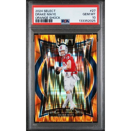 Graded 2024 Panini Select Drake Maye #27 /499 Orange Shock Rookie RC Football Card PSA 10 Gem Mint | Hall of Fame Sports Memorabilia | vintageantiquesgifts.com