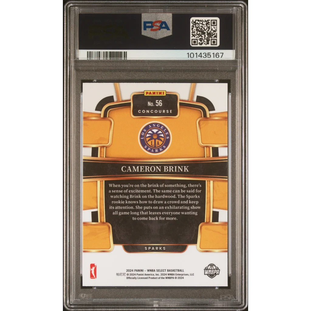 A graded 2024 Panini WNBA Select Cameron Brink rookie basketball card in PSA case