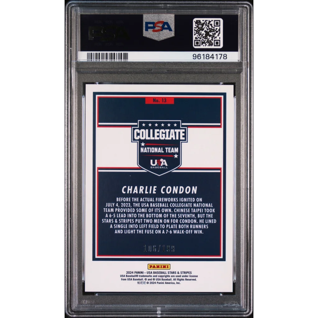 Graded 2024 Panini Stars & Stripes USA Charlie Condon #13 #/199 Rookie RC Baseball Card PSA 10 Gem Mint | PSA 10 Gem Mint Graded Rookie Card | vintageantiquesgifts.com