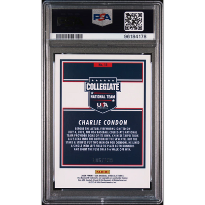 Graded 2024 Panini Stars & Stripes USA Charlie Condon #13 #/199 Rookie RC Baseball Card PSA 10 Gem Mint | PSA 10 Gem Mint Graded Rookie Card | vintageantiquesgifts.com