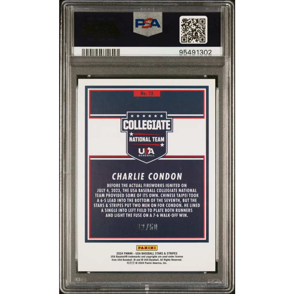 Graded Charlie Condon Stars Stripes Baseball Card PSA GEM MT 10 for collectors