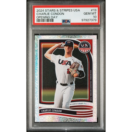 Graded 2024 Panini Stars & Stripes USA Charlie Condon #13 Opening Day Rookie RC Baseball Card PSA 10 Gem Mint | Hall of Fame Sports Memorabilia | vintageantiquesgifts.com