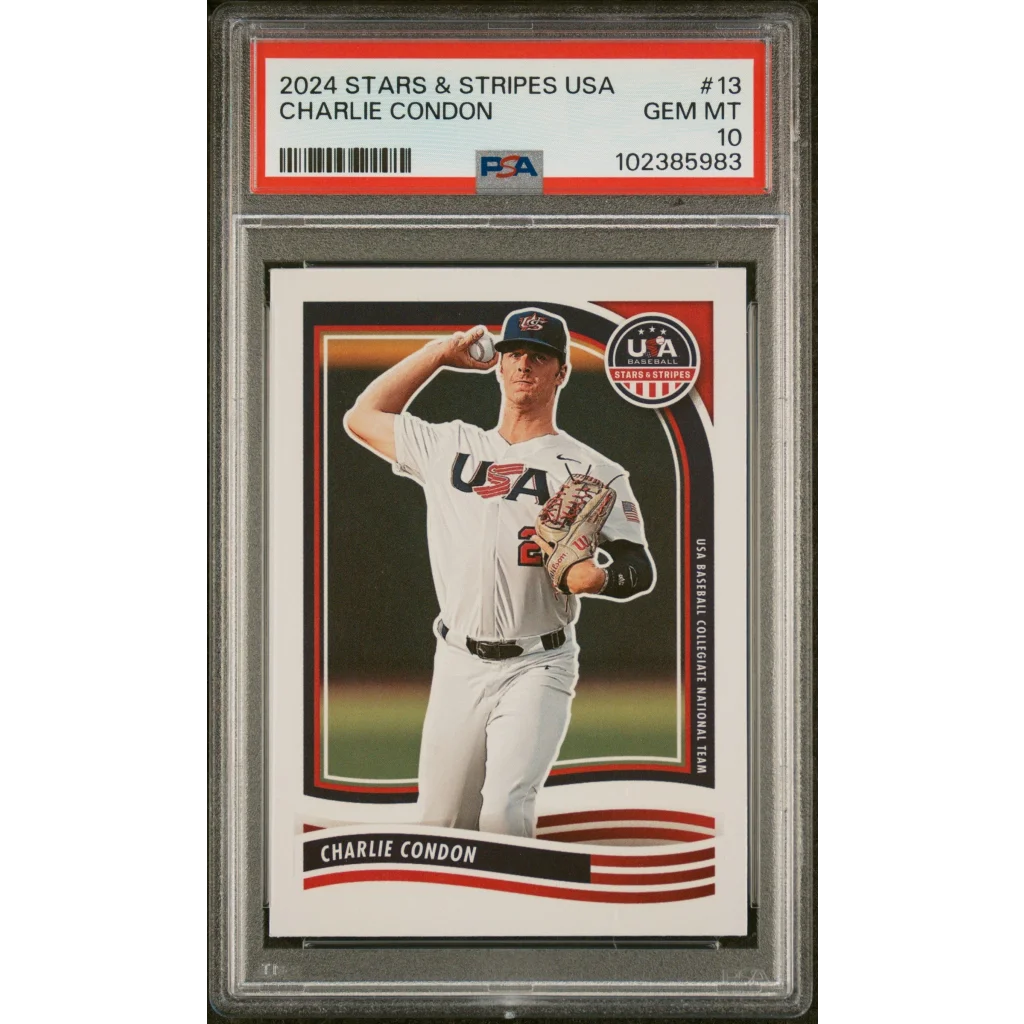 Graded 2024 Panini Stars & Stripes USA Charlie Condon #13 Rookie RC Baseball Card PSA 10 Gem Mint | Hall of Fame Sports Memorabilia | vintageantiquesgifts.com