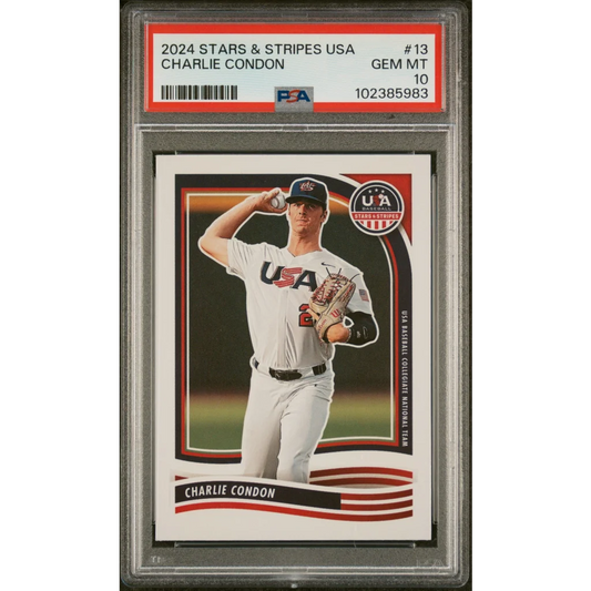 Graded 2024 Panini Stars & Stripes USA Charlie Condon #13 Rookie RC Baseball Card PSA 10 Gem Mint | Hall of Fame Sports Memorabilia | vintageantiquesgifts.com