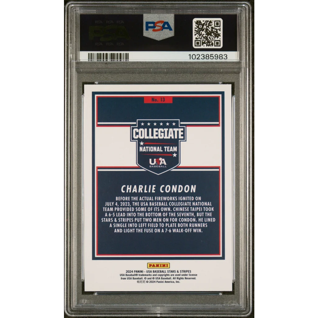 Graded 2024 Panini Stars & Stripes USA Charlie Condon #13 Rookie RC Baseball Card PSA 10 Gem Mint | PSA 10 Gem Mint Graded Rookie Card | vintageantiquesgifts.com