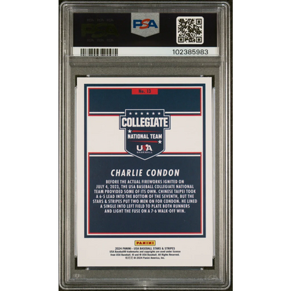 Graded 2024 Panini Stars & Stripes USA Charlie Condon #13 Rookie RC Baseball Card PSA 10 Gem Mint | PSA 10 Gem Mint Graded Rookie Card | vintageantiquesgifts.com