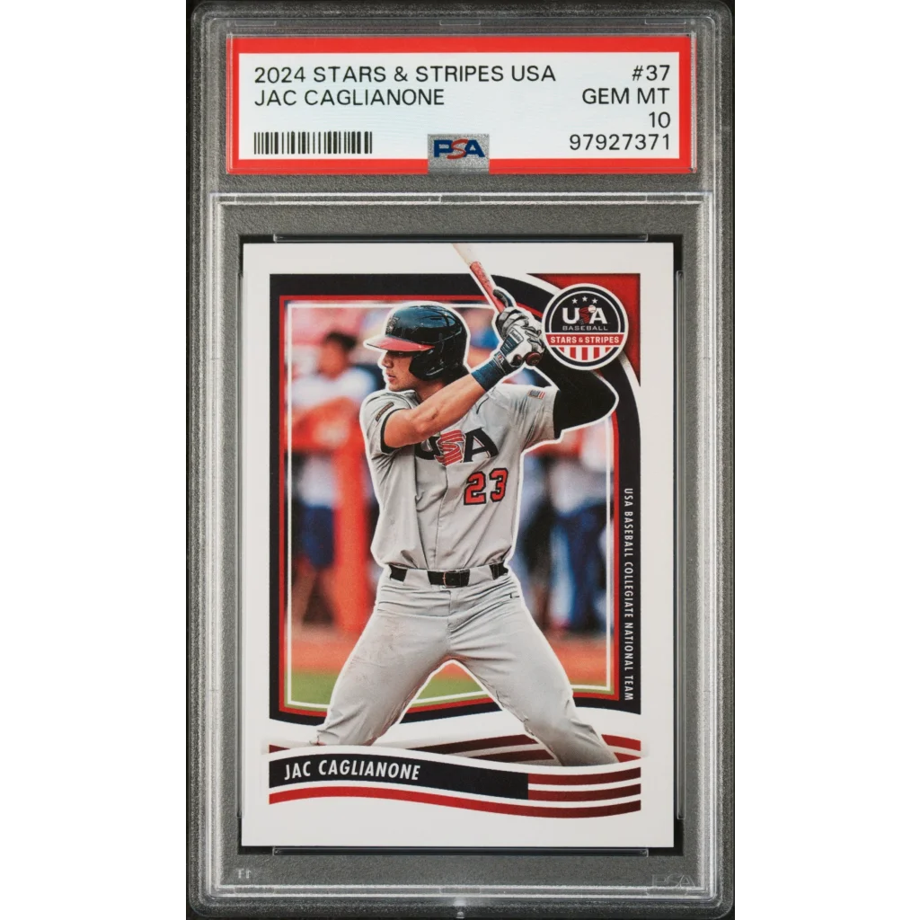 PSA-graded 2024 Jac Caglianone Stars & Stripes USA Baseball Card on display