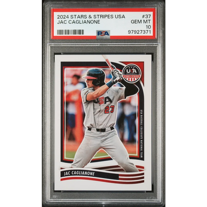 PSA-graded 2024 Jac Caglianone Stars & Stripes USA Baseball Card on display