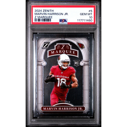 Graded 2024 Panini Zenith Marvin Harrison Jr #5 Z Marquee Rookie RC Football Card PSA 10 Gem Mint | Hall of Fame Sports Memorabilia | vintageantiquesgifts.com