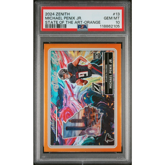 Graded 2024 Panini Zenith Michael Penix Jr #13 State of the Art Orange Rookie RC Football Card PSA 10 Gem Mint | Hall of Fame Sports Memorabilia | vintageantiquesgifts.com