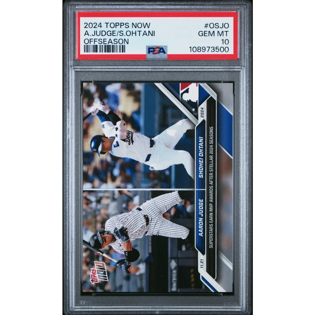 PSA graded 2024 Topps Now sports card of Aaron Judge and Shohei Ohtani