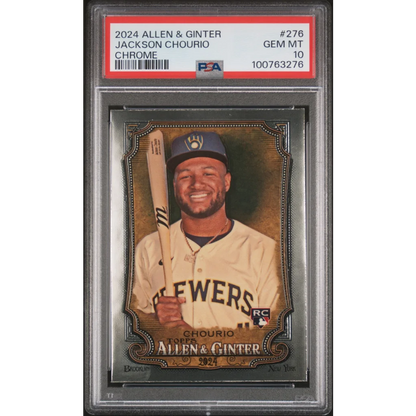 A graded PSA 2024 Allen Ginter Jackson Chourio Chrome baseball card on display