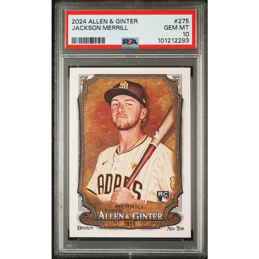 Graded 2024 Topps Allen & Ginter Jackson Merrill #275 Rookie RC Baseball Card PSA 10 Gem Mint | Hall of Fame Sports Memorabilia | vintageantiquesgifts.com