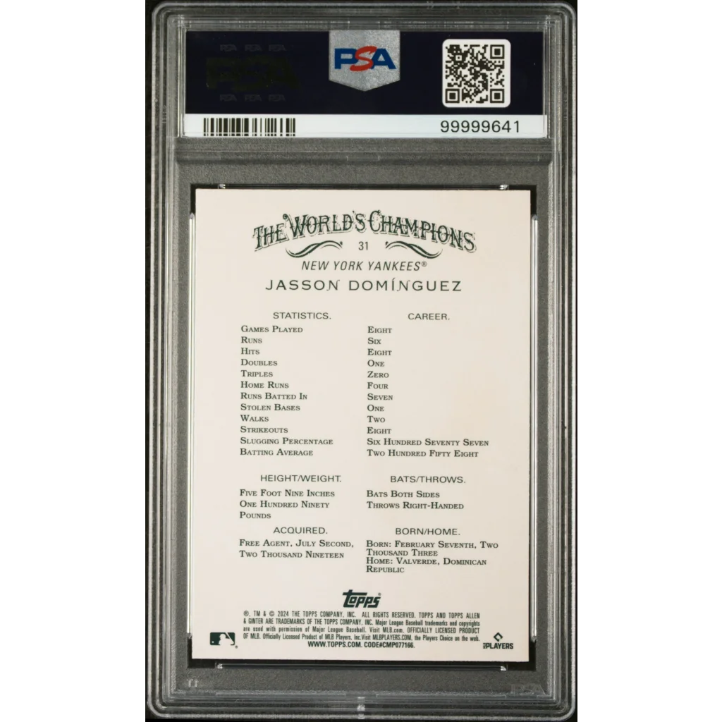 Graded Jasson Dominguez baseball card from 2024 Topps Allen Ginter Chrome Yankees