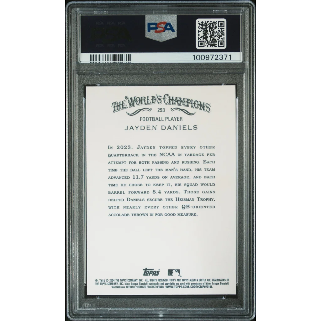 Football trading card of Jayden Daniels in PSA Gem Mint 10 Topps Allen slab