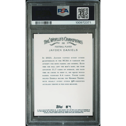 Football trading card of Jayden Daniels in PSA Gem Mint 10 Topps Allen slab