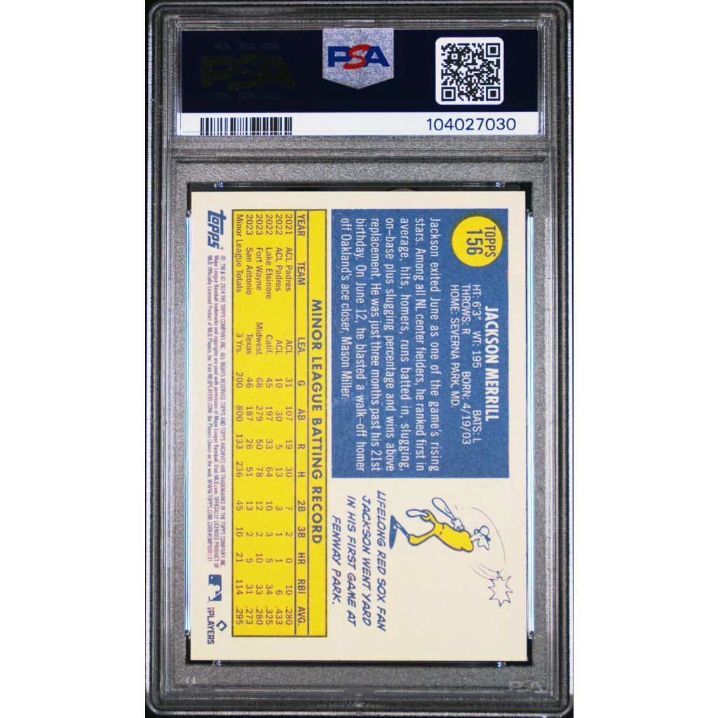 Graded 2024 Topps Archives Jackson Merrill #156 Rookie RC Baseball Card PSA 10 Gem Mint | PSA 10 Gem Mint Graded Rookie Card | vintageantiquesgifts.com