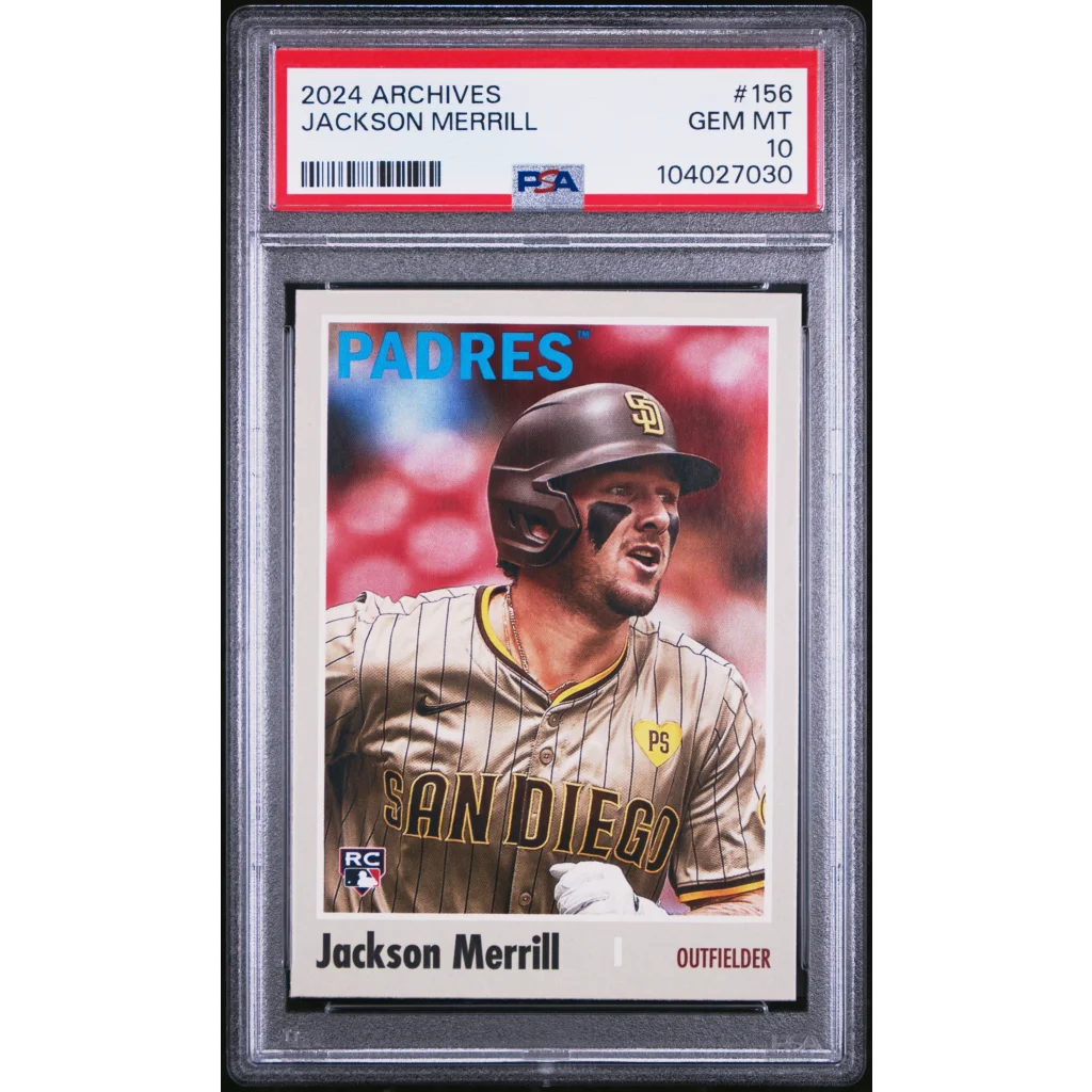 Graded 2024 Topps Archives Jackson Merrill #156 Rookie RC Baseball Card PSA 10 Gem Mint | Hall of Fame Sports Memorabilia | vintageantiquesgifts.com