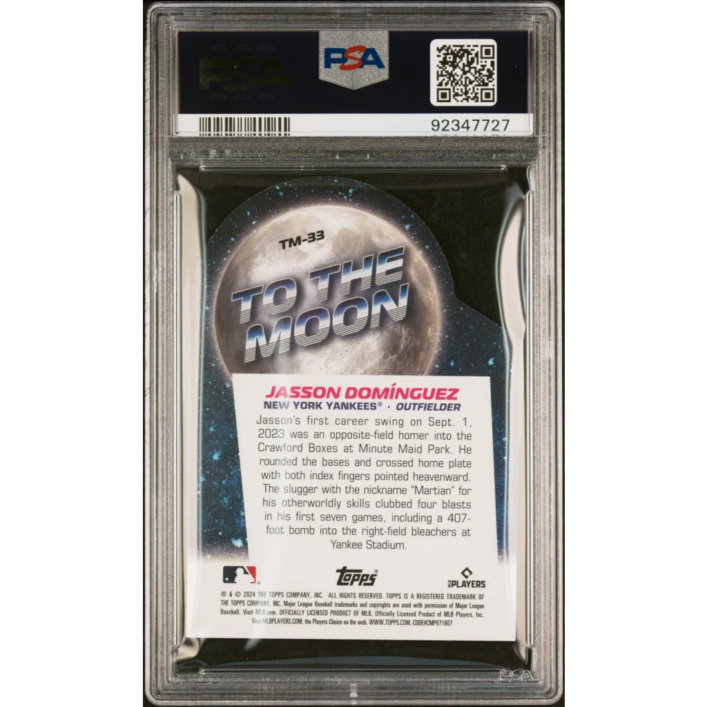 High-quality PSA graded Jasson Dominguez To The Moon baseball card on display