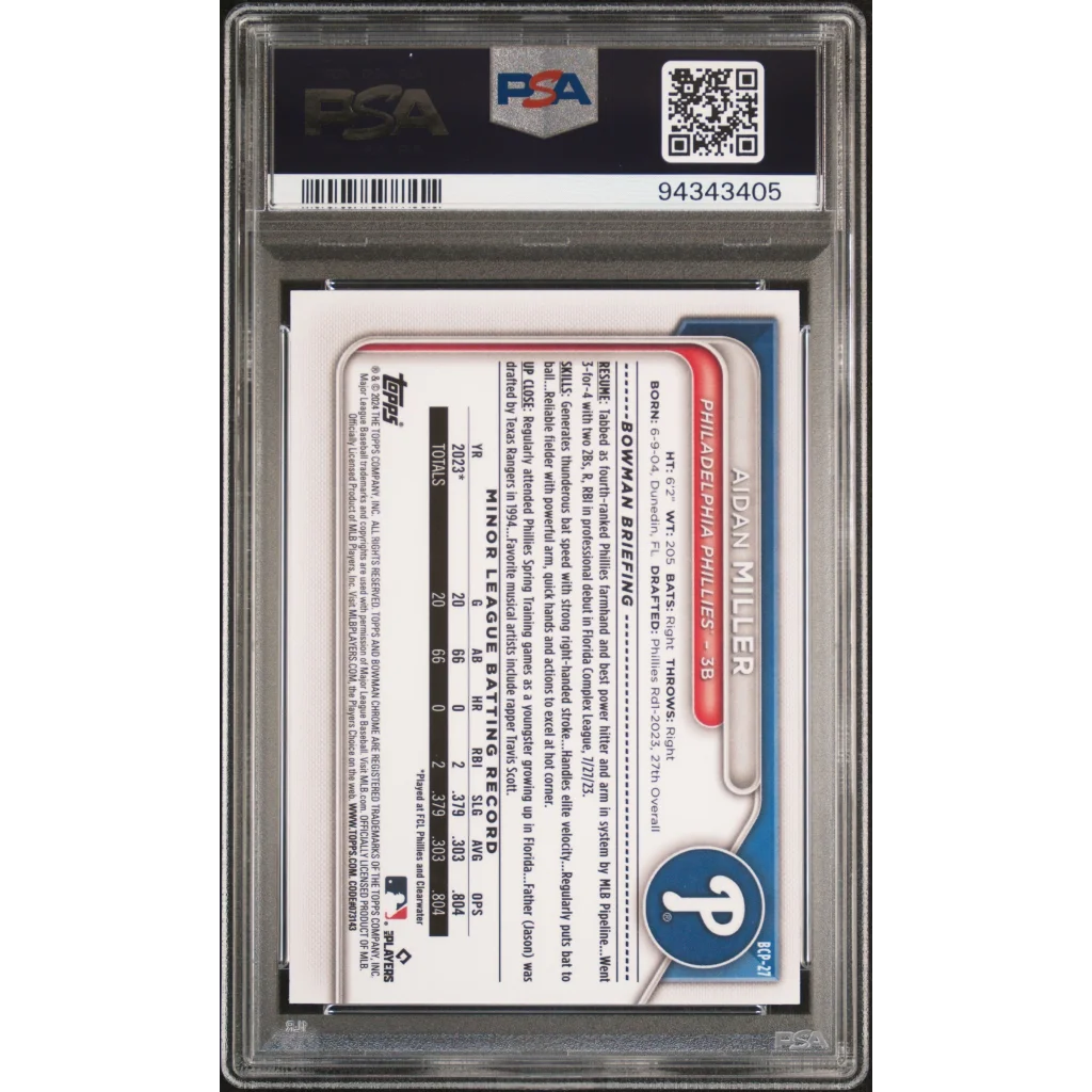 Aidan Miller PSA 10 Lunar Glow Refractor Rookie Card in protective case