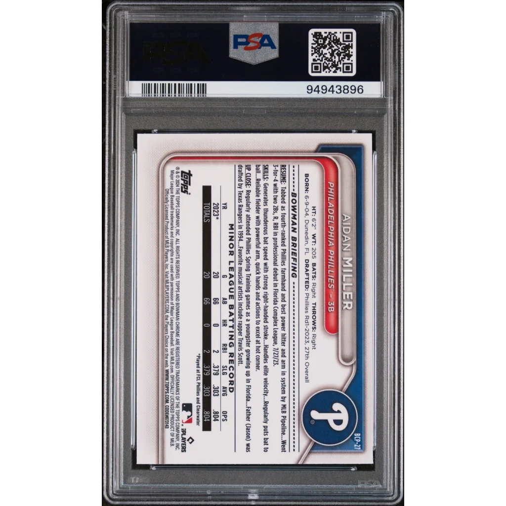 Aidan Miller 2024 Bowman Chrome Prospects PSA 10 Gem Mint Baseball Card in case
