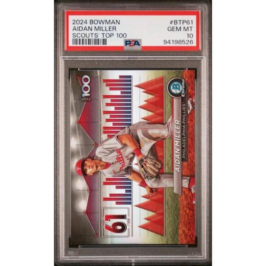 Graded 2024 Topps Bowman Aidan Miller #BTP61 Scouts Top 100 Rookie RC Baseball Card PSA 10 Gem Mint | Hall of Fame Sports Memorabilia | vintageantiquesgifts.com