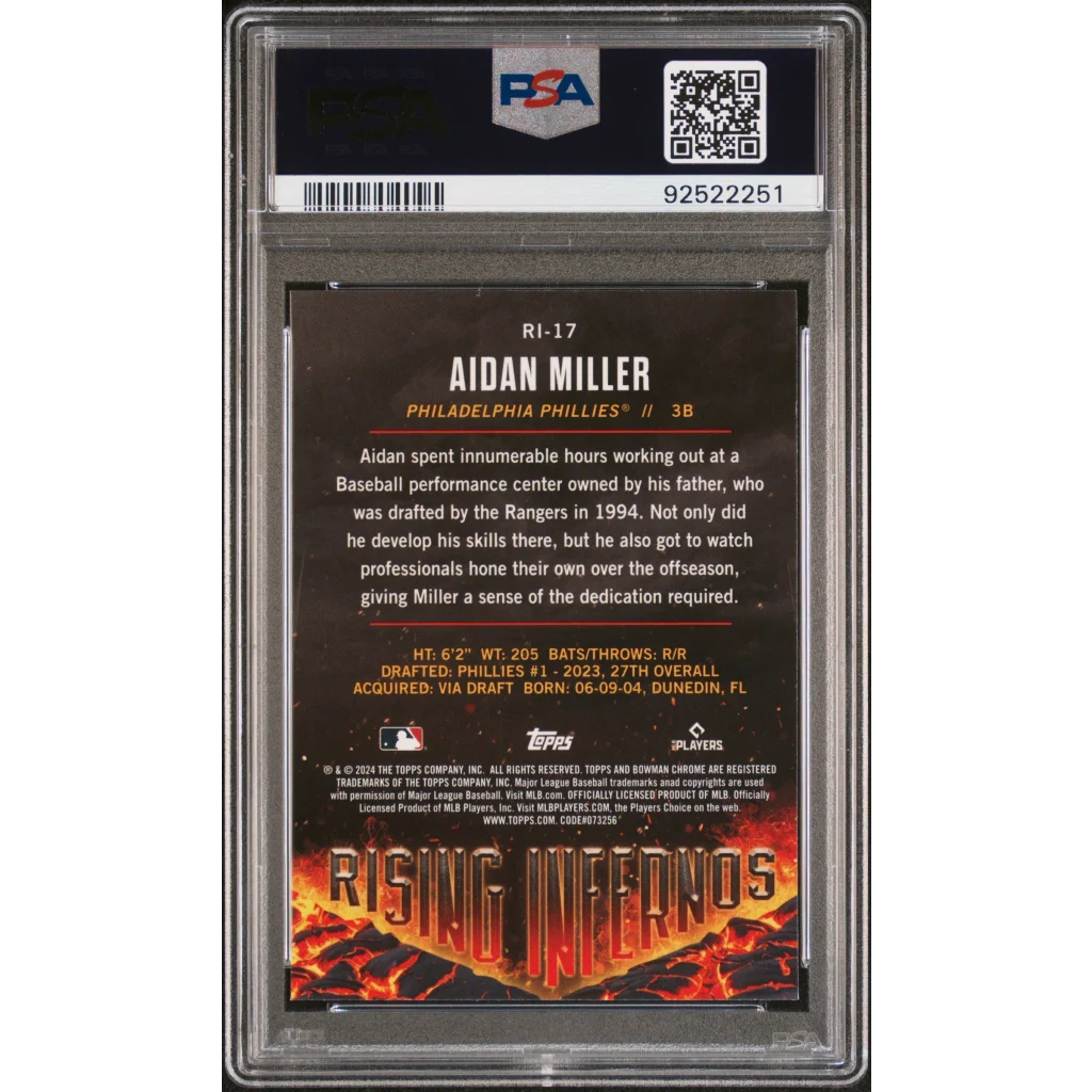 Graded PSA GEM MT 10 Aidan Miller Rising Infernos Bowman Rookie Card in display