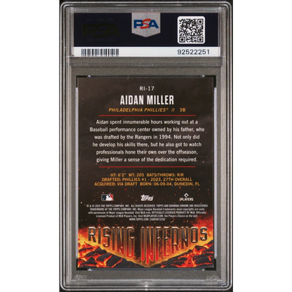 Graded PSA GEM MT 10 Aidan Miller Rising Infernos Bowman Rookie Card in display
