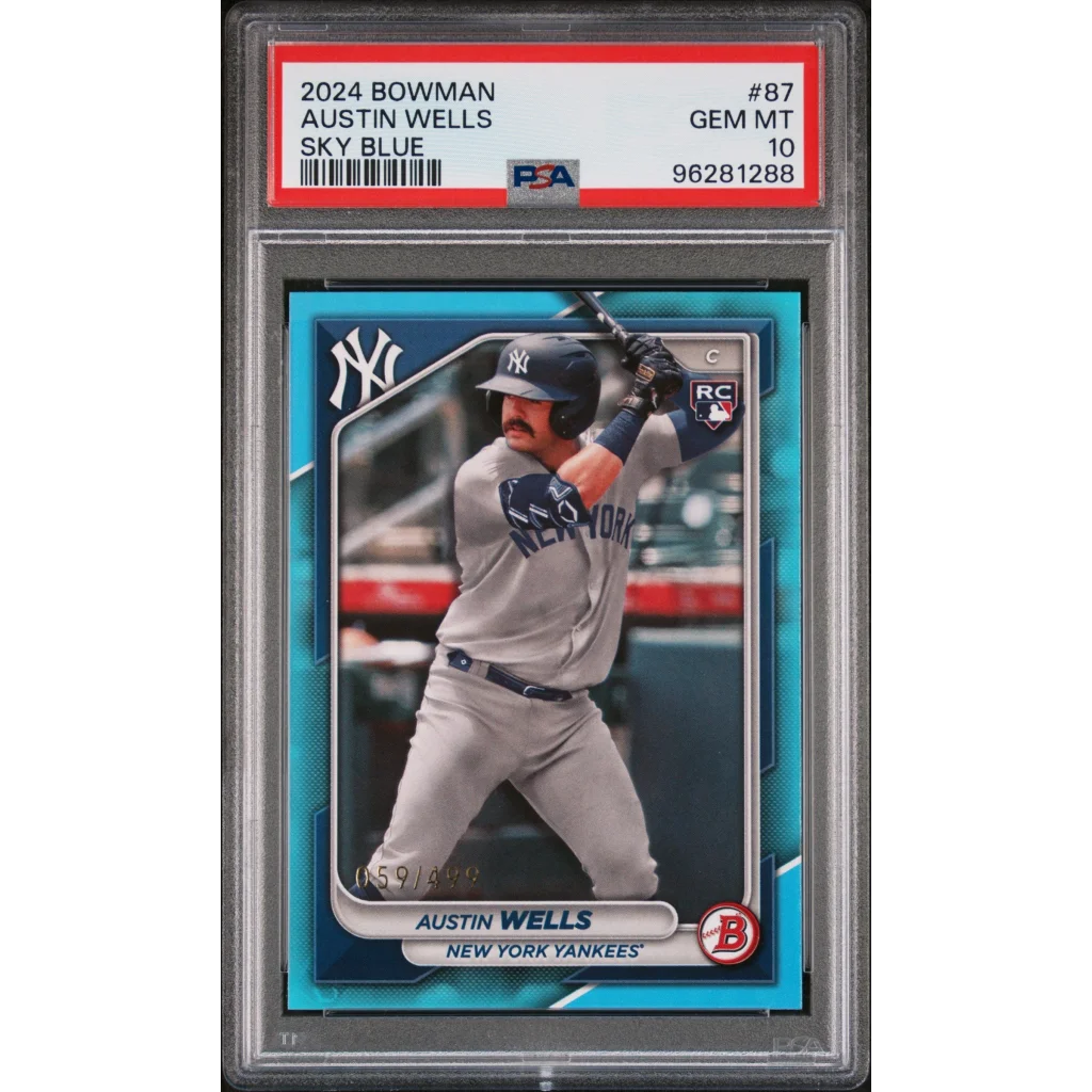 Graded 2024 Topps Bowman Austin Wells #87 Sky Blue #/499 Rookie RC Baseball Card PSA 10 Gem Mint | Hall of Fame Sports Memorabilia | vintageantiquesgifts.com