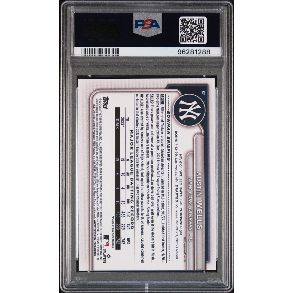 Graded 2024 Topps Bowman Austin Wells #87 Sky Blue #/499 Rookie RC Baseball Card PSA 10 Gem Mint | PSA 10 Gem Mint Graded Rookie Card | vintageantiquesgifts.com