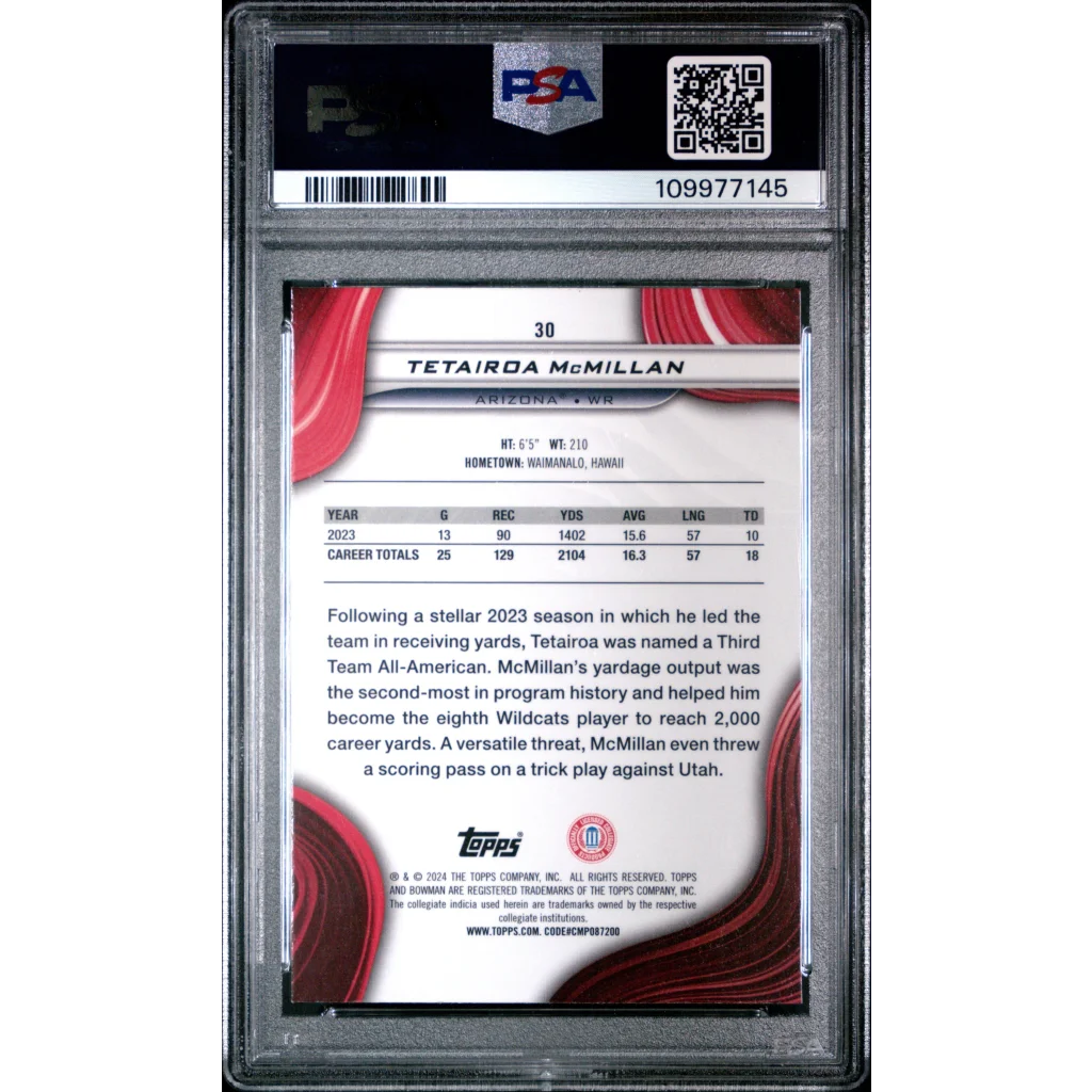 Graded 2024 Topps Bowman Best University Tetairoa McMillan #30 Rookie RC Football Card PSA 10 Gem Mint | PSA 10 Gem Mint Graded Rookie Card | vintageantiquesgifts.com