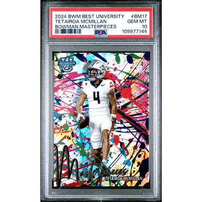 PSA graded Tetairoa McMillan football card number 4 in white jersey with colorful background