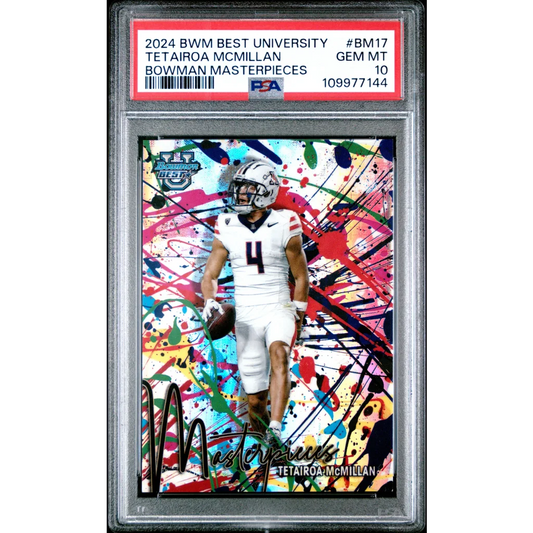 PSA graded Tetairoa McMillan football card number 4 in white jersey with colorful background