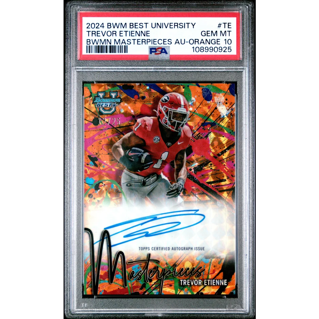 Graded 2024 Topps Bowman Best University Trevor Etienne #TE Bowman Masterpieces Auto Orange /25 Rookie RC Football Card PSA 10 Gem Mint | Hall of Fame Sports Memorabilia | vintageantiquesgifts.com