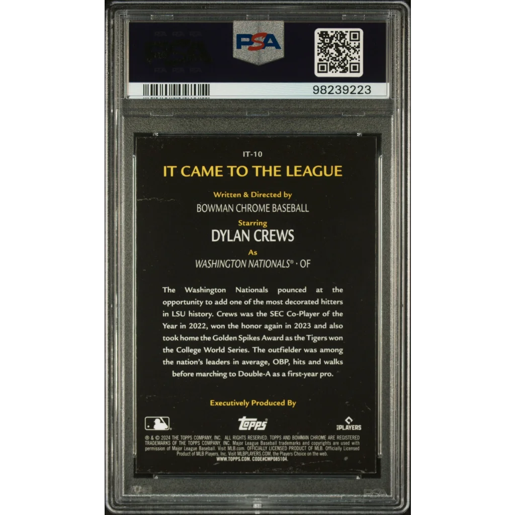 PSA graded Dylan Crews 2024 Bowman Chrome baseball card on display