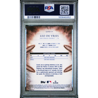 Graded PSA 10 2024 Topps Bowman Chrome Leo De Vries #19 Rookie Card