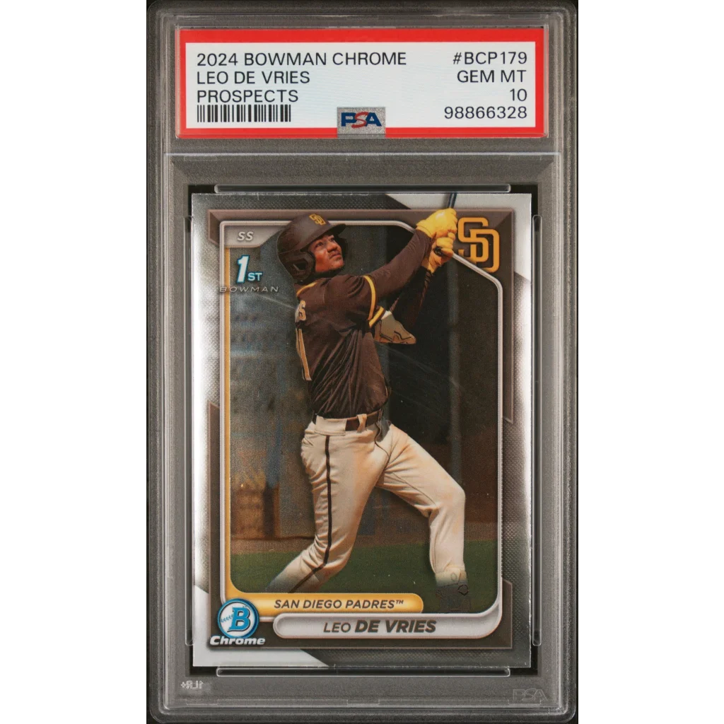 PSA graded 2024 Bowman Chrome Leo De Vries baseball card from professional sports authenticator