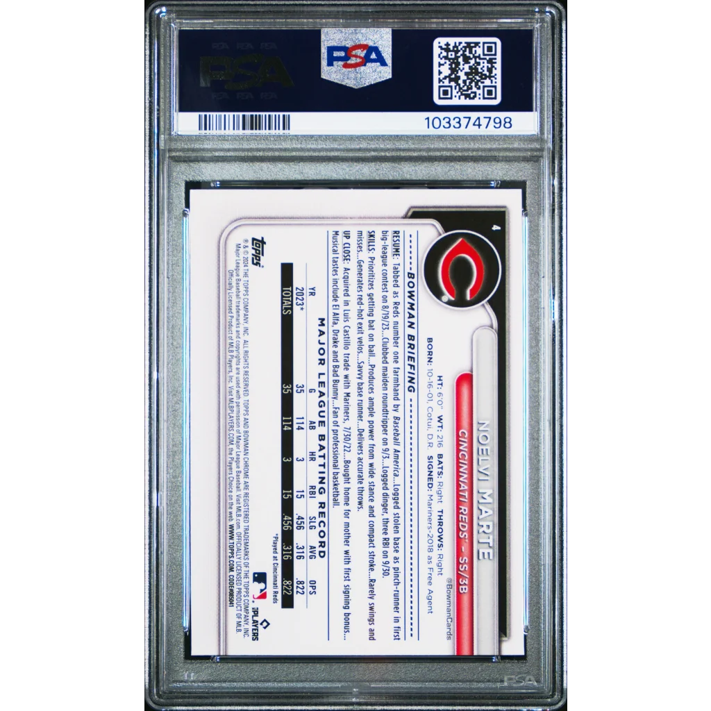 Graded 2024 Topps Bowman Chrome Noelvi Marte #4 Rookie RC Baseball Card PSA 10 Gem Mint | PSA 10 Gem Mint Graded Rookie Card | vintageantiquesgifts.com